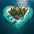 Dream tropical island in the shape of heart in the middle of the ocean, aerial view, summer vacation concept, ai generated