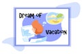 Dream of Vacation card. Office worker with computer and think bubble. Dreaming of tropical beach holiday.