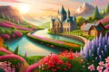 a dream wonder land made out of lush flower, a fancy sweet world illustration Royalty Free Stock Photo