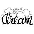 'Dream' word calligraphic design with clouds, sun, rainbow and stars in linear style