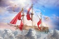 Dream world. Sailing ship floating among wonderful fluffy clouds