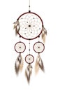 Dreamcatcher with beads and feathers in beige and brown isolated on white background