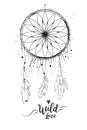 Dreamcatcher with bird feather beads lace & dots. Hand drawn beautiful design isolated white background. Boho tribal, indian