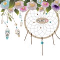 dreamcatcher in boho style, flying feathers beads