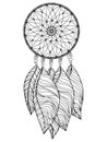 Dreamcatcher coloring book page, Round braided talisman with large feathers, zen antistress outline illustration for creativity