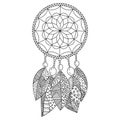 Dreamcatcher coloring page, amulet with five patterned zen feathers and large beads