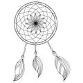 Dreamcatcher coloring page, anti stress coloring book with braided decorative element with three patterned feathers