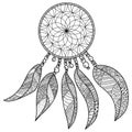 Dreamcatcher coloring page, ornate talisman with beads and patterned feathers