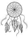 Dreamcatcher coloring page, talisman with a round wicker base, feathers, beads and ribbons