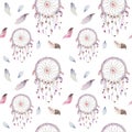 Dreamcatcher and feather pattern. Watercolor bohemian decoration