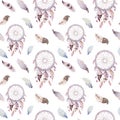 Dreamcatcher and feather pattern. Watercolor bohemian decoration