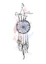 Dreamcatcher and feather with watercolor strokes isolated on white background. Native american indian dreamcatchers. Colorful vect Royalty Free Stock Photo