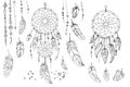 Dreamcatcher hippie decoration tattoo vector line. Boho style, beads and feathers.