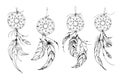 Dreamcatcher hippie decoration tattoo vector line. Boho style, beads and feathers.