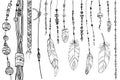 Dreamcatcher hippie decoration tattoo vector line. Boho style, beads and feathers.