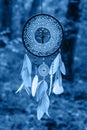 Dreamcatcher made of feathers, leather, beads, and ropes in classic blue trendy color of the year 2020