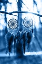 Dreamcatcher made of feathers, leather, beads, and ropes in classic blue trendy color of the year 2020