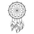 Dreamcatcher made of threads and beads with light feathers, outline coloring page or decorative element