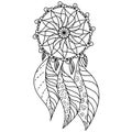 Dreamcatcher meditative coloring page, ornate mascot with light feathers