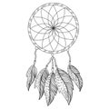 Dreamcatcher outline coloring page with traditional decoration with feathers and intertwined mandala