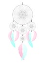 Dreamcatcher pink blue feathers white background. Native american indian.