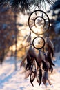 Dreamcatcher, spiritual protection amulet with feathers on sunset background.