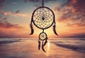 Dreamcatcher sunset sky, boho chic, ethnic amulet symbol Indigenous Peoples Day