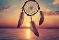 Dreamcatcher sunset sky, boho chic, ethnic amulet symbol Indigenous Peoples Day