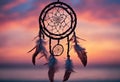 Dreamcatcher sunset sky, boho chic, ethnic amulet symbol Indigenous Peoples Day