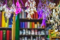 Dreamcatchers, candles and other trinkets at a christmas market in Germany. Colorful holidays background concept