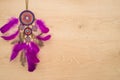 Dreamcather with purple feathers on the light wooden background Royalty Free Stock Photo