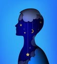 Dreamer concept, layers picture, Young boy silhouette with night sky inside, Night dream idea,