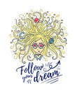 Dreamer. The girl dreams with closed eyes. The blonde hair of the planet and the star. Creative process or meditation