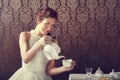 Dreamer woman drinking tea at tea time Royalty Free Stock Photo