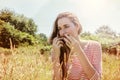 Dreaming beautiful teenage girl playing with her hair, instagram effects Royalty Free Stock Photo