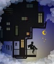 Dreaming boy is sitting on the balcony above the clouds, fairy characters, house of kids night fantasy, life on heavens Royalty Free Stock Photo