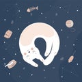 Dreaming cat in space. The cat is beyond consciousness. Vector illustration