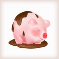 Dreaming cute pink pig standing in a puddle of melted black chocolate. Vector illustration