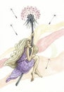 Dreaming girl flying on a magic dandelion as parachute or umbrella drawing art, hand drawn cartoon fantasy painting illustration