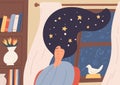 Dreaming girl with starry sky in long hair sitting near window vector flat illustration. Daydreaming woman with closed