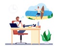 Dreaming man. Office manager dreams about beach vacation and surfing vector concept