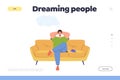 Dreaming people landing page design template with cartoon man relaxing on sofa couch at home Royalty Free Stock Photo