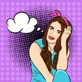 Dreaming pinup comix girl vector illustration on purple background. Royalty Free Stock Photo