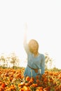 Dreaming woman enjoying of sunny day in poppy meadow. Royalty Free Stock Photo