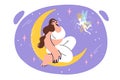 Dreaming woman sits on crescent moon in night sky and talks to fairy, seeing mesmerizing dream Royalty Free Stock Photo