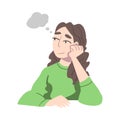 Dreaming Woman Sitting with Her Hand Against Her Cheek Fantasizing Imagining Something in Her Head Vector Illustration