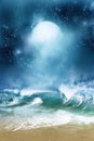 Dreamland Ocean Waves Under Full Moon Royalty Free Stock Photo