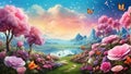 Dreamland fantasy spring landscape with flowers and butterflies Royalty Free Stock Photo