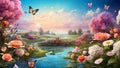 Dreamland fantasy spring landscape with flowers and butterflies, Paradise Royalty Free Stock Photo