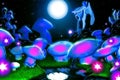 Dreamland. Glowing colorful mushrooms in an elven kingdom at night.